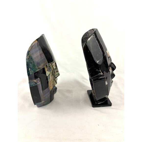 Vintage Pair Mexican Shell + Stone Mosaic Mask Folk Art Aztec Style Tessellated - Picture 8 of 14